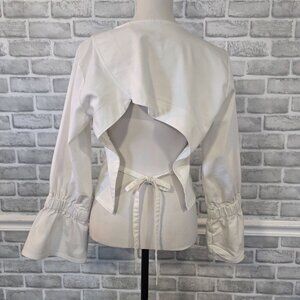 House of Sunny Blouse White Open Back Tied Ruffled Sleeve Cottage Feminine 8